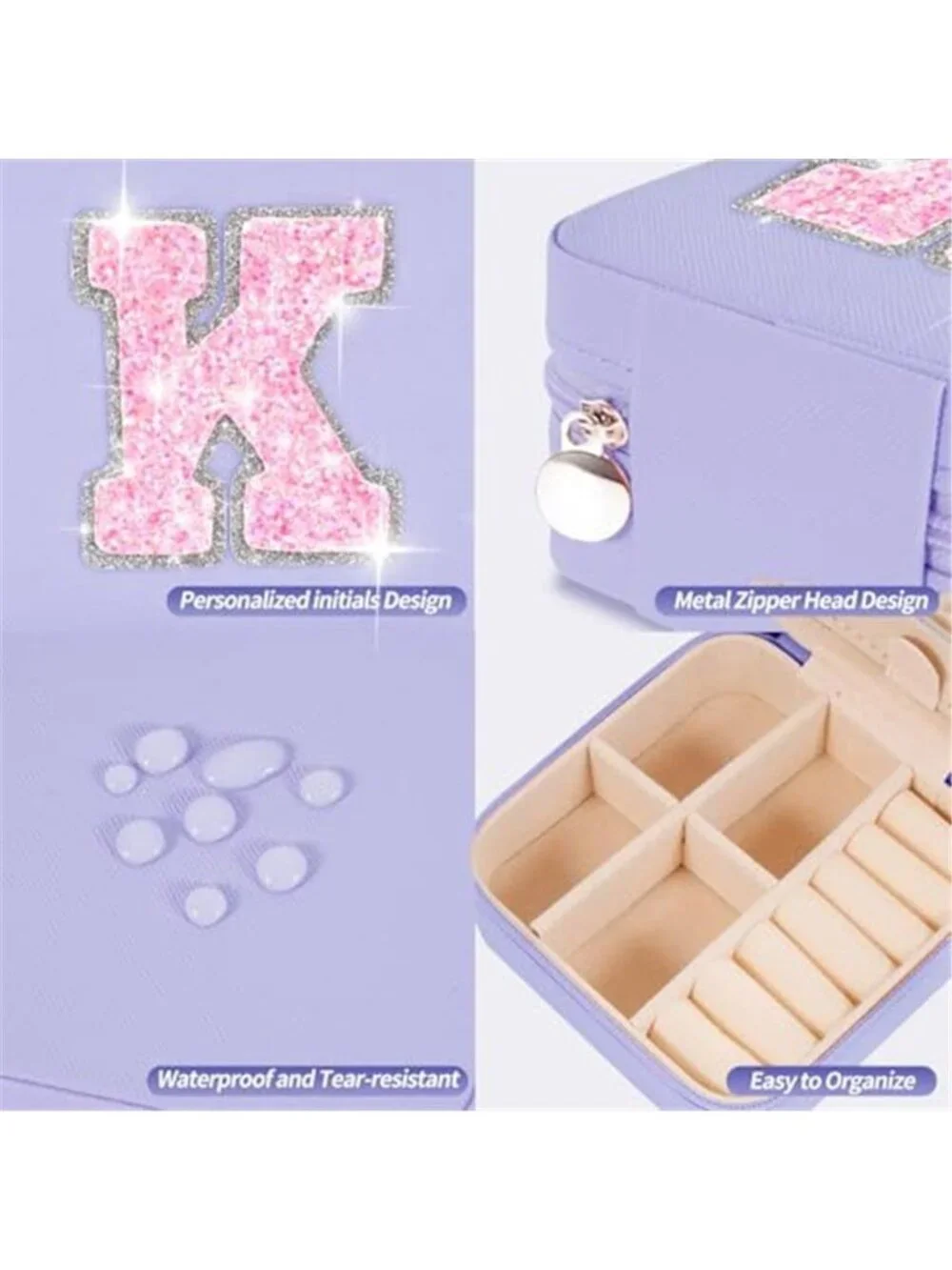 Lavender Travel Jewelry Box Initial K Small Organizer Case Mirror Faux Leather